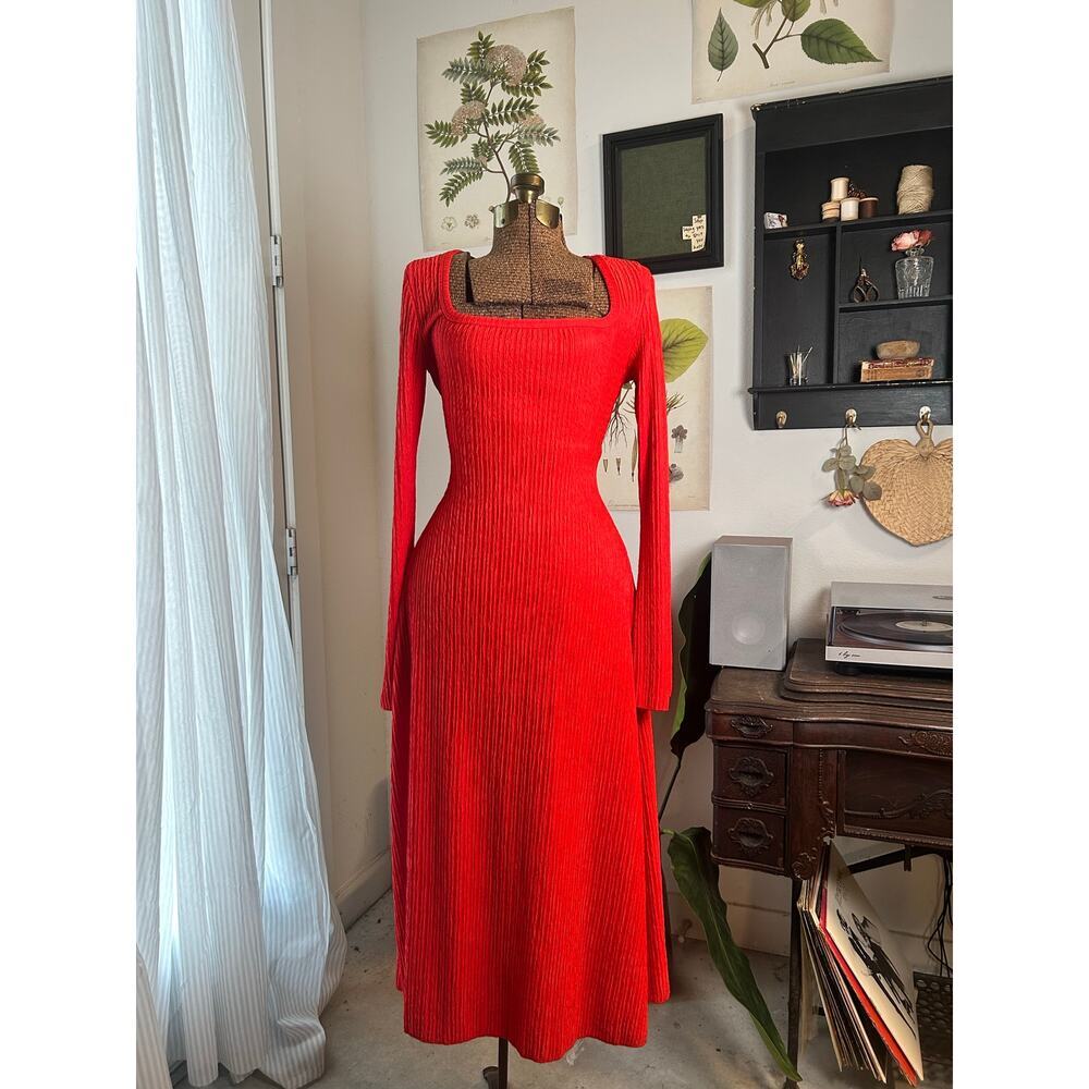 Lace-Up Back Womens Red Long Sleeve Midi Dress Square Neck Corset Back